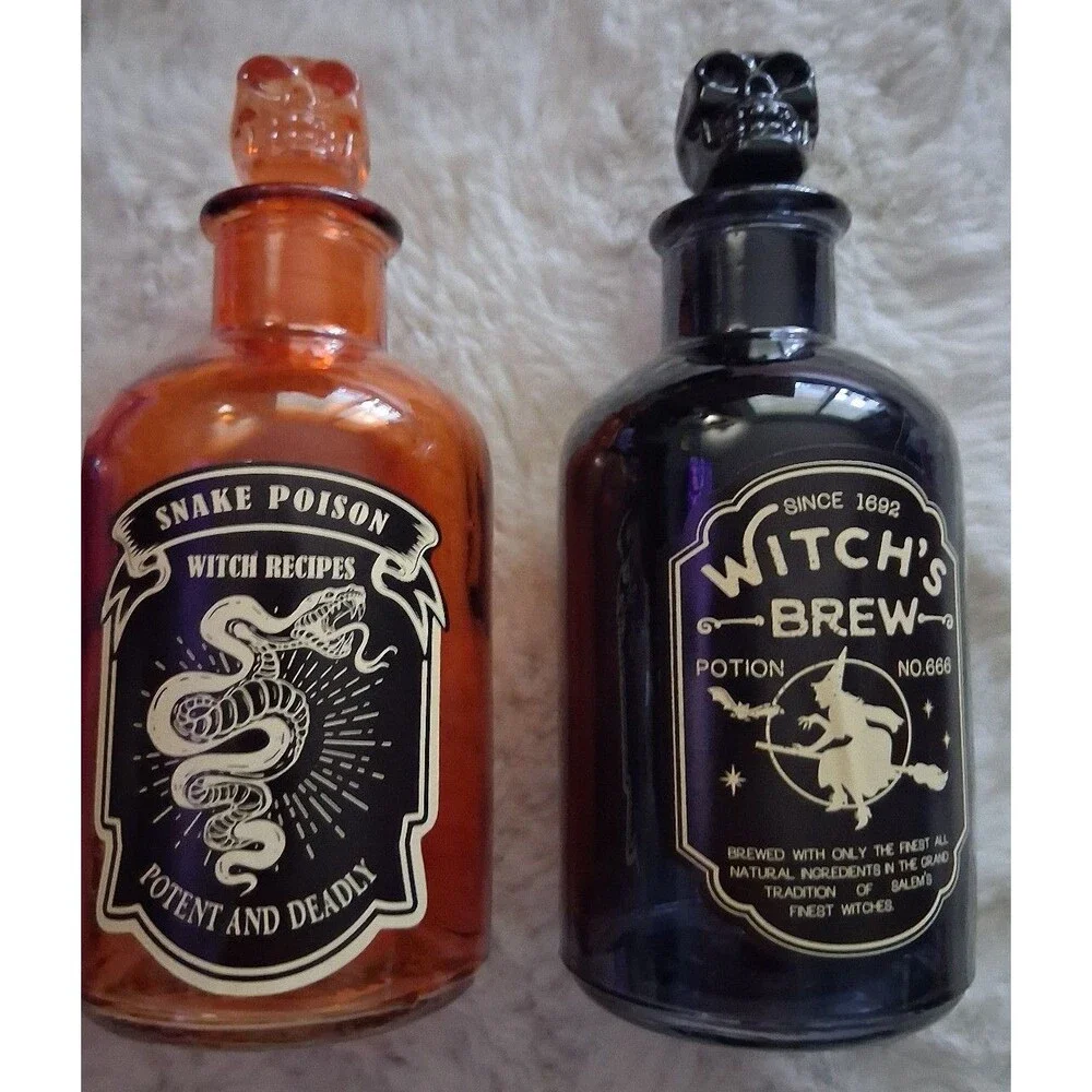 Halloween Glass Witch Potion Bottles - Poison, Snake, Brew